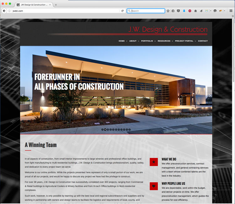 JW Design & Construction Website Designer - Construction Firm Web Design Firm - Studio 101 West Marketing & Design - Central Coast Website Builders