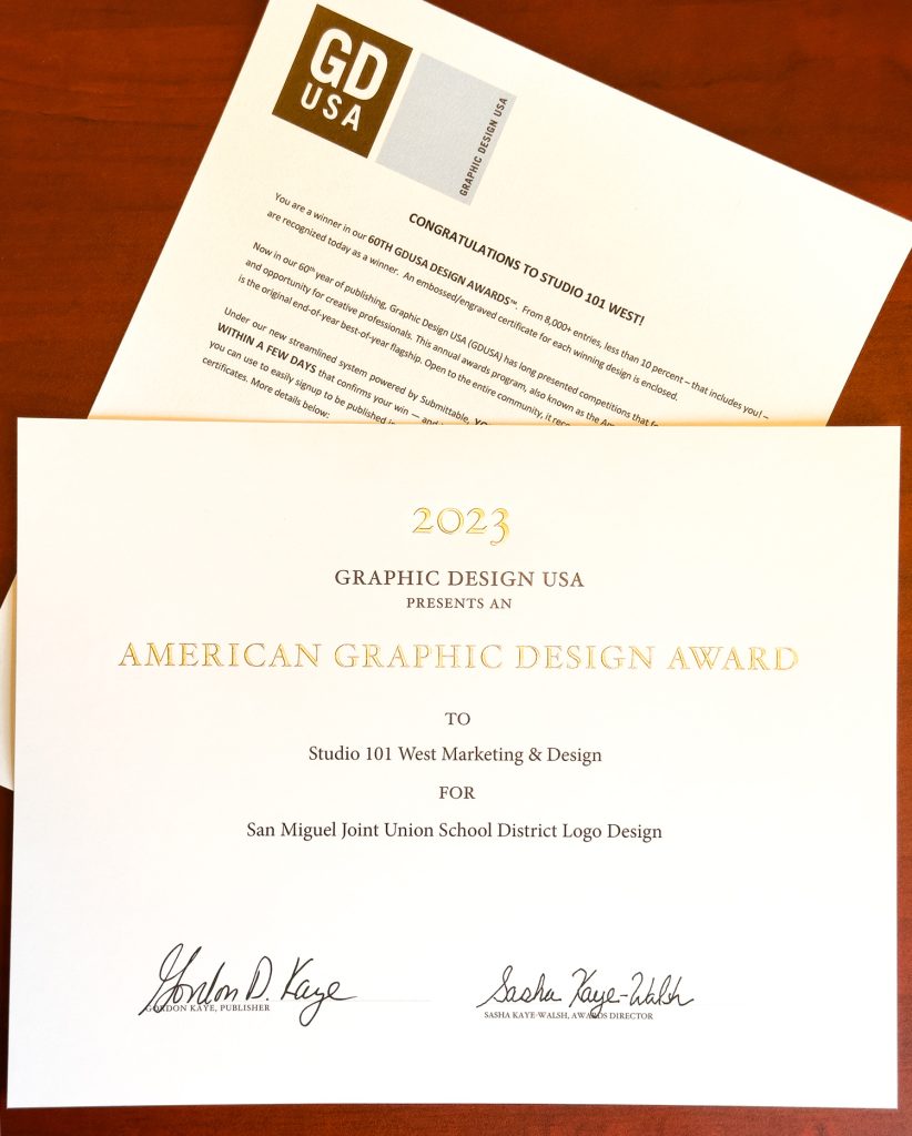 GDUSA 60th Design Awards - 2023 Design Awards Winner - Studio 101 West Marketing & Design - Logo Design - San Miguel Joint Union School District Logo Design