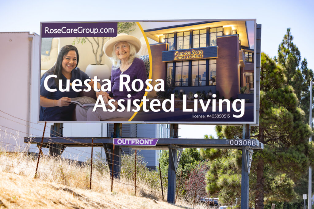 Rose Care Group - Cuesta Rosa Assisted Living - GDUSA Design Awards - 2025 Award Winning Design Firm - Studio 101 West Design & Marketing Rose Care Group - Assisted Living - San Luis Obispo Assisted Living - Cuesta Rosa Assisted Living - Luxury Assisted Living - Billboard Design - Award Winning Graphic Designer - Graphic Design USA Health & Wellness Design Award Winner 2025 - Studio 101 West Design & Marketing