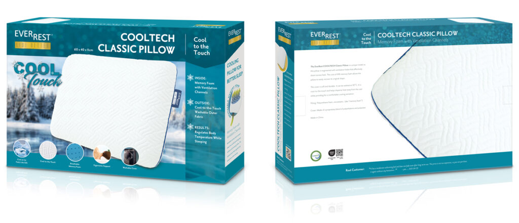 EverRest CoolTech Classic Pillow - Packaging Designer - Award Winning Packaging Designer - 3D Packaging Design - Studio 101 West Design & Marketing Packaging Design Award Winner - EverRest CoolTech Pillow Packaging - Danican Memory Foam Bedding - Cool Touch Pillow - Graphic Design USA Health & Wellness Design Award 2025 Winner - Studio 101 West Design & Marketing